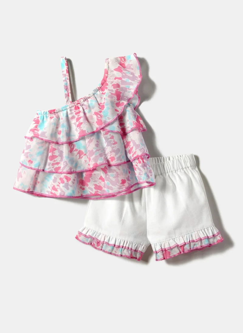 Nautinati Girls' All-over Abstract Printed Top & Shorts Co-ord Set